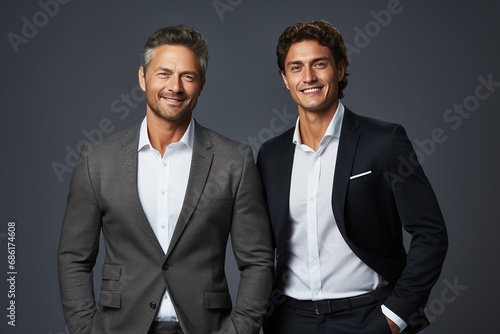 Business partners posing in front of gray background, looking at camera and smiling