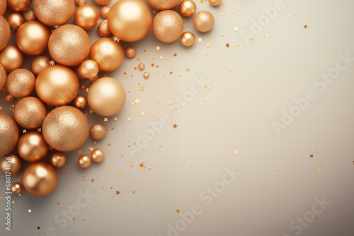 Gold ornaments with glitter on beige background. Flat lay, seasons greetings card template, space for text. New Year concept.