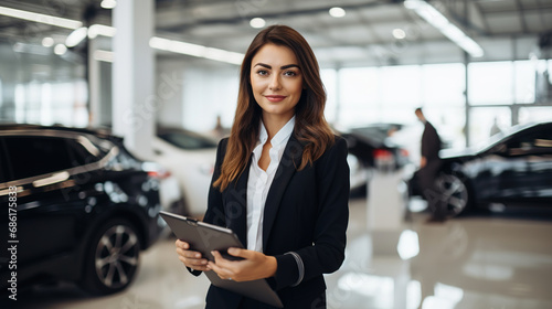 Sales woman at a car showroom, holding tablet and smiling to the camera