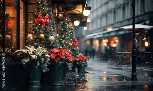 street with christmas flower and decoration 