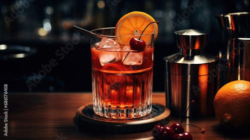Glass of alcoholic beverage containing whisky, gin, liqueur and ice, a classic cocktail and aperitif for a celebration or party. photo