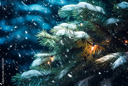 Closeup of a pine tree with Christmas lights and snow on it