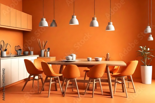 3D view  Table with chairs  modern kitchen  orange color background