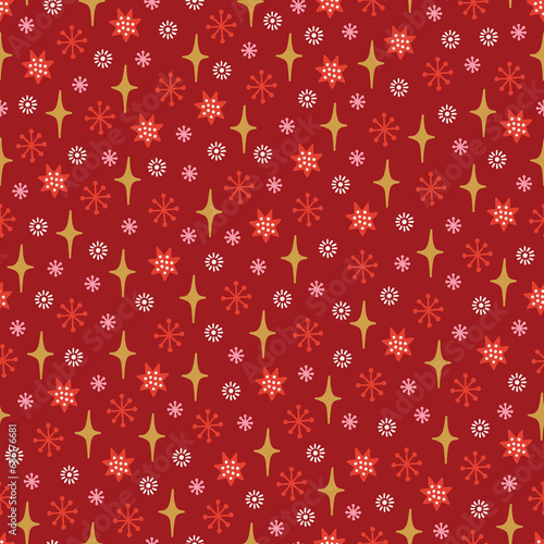 Christmas seamless pattern with stars and snowflakes on red background