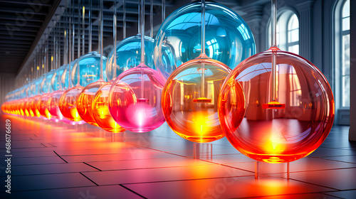 3d render of colorful glass glowing balls with colorful light inside  on the dark background. Generative AI technology.