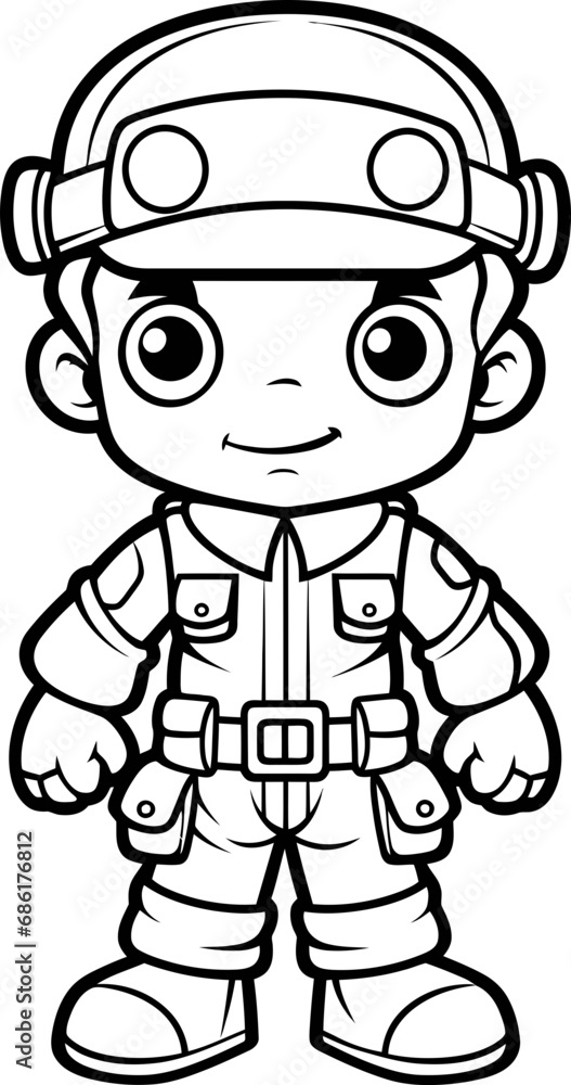 Fototapeta premium Soldier cartoon vector image, coloring page black and white