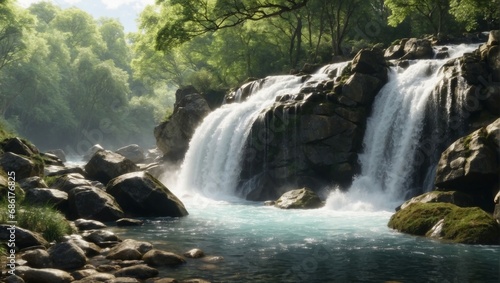 A flowing watercourse with a rapid waterfall and lush greenery 