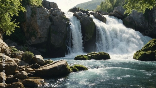 A flowing watercourse with a rapid waterfall and lush greenery 