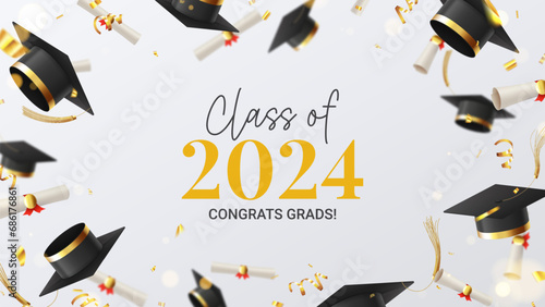 Congrats grads Class of 2024. Decorative banner for graduation 2024. Falling graduation scrolls and caps, golden confetti, serpentine. Vector illustration for social media, poster, degree ceremony.