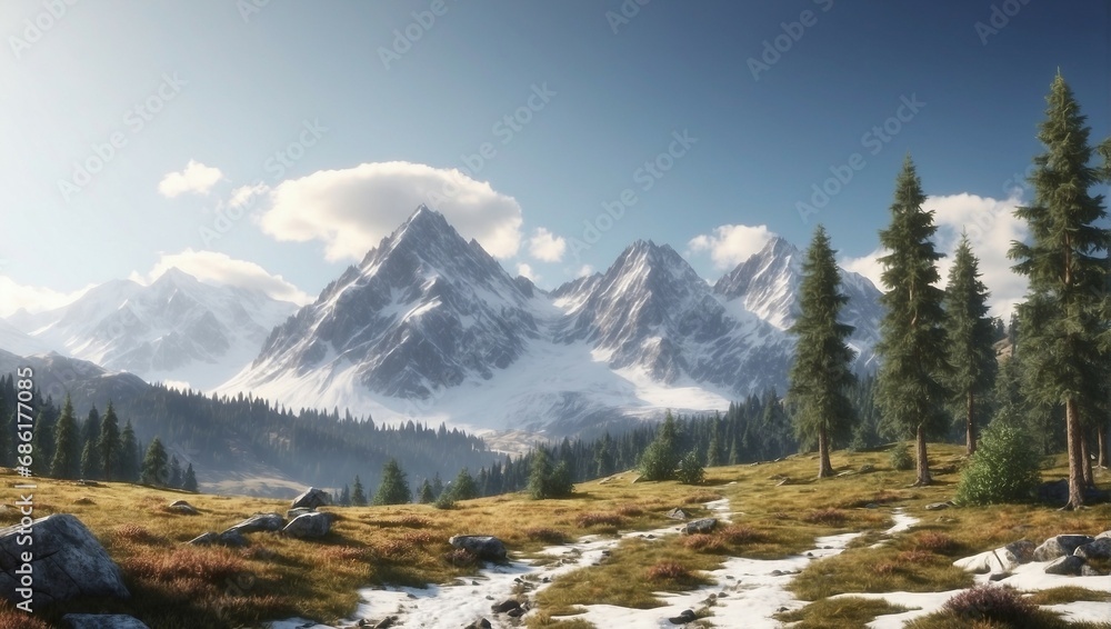 Tranquil Winter Landscape with Snowy Mountains, Trees, and Serene Sky
