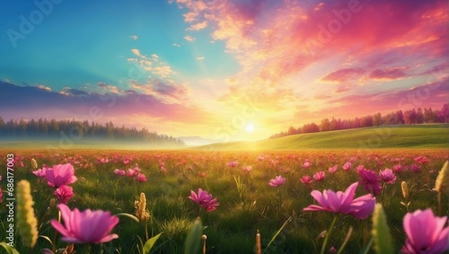 Vibrant flowers in a colorful field under a pink sky 