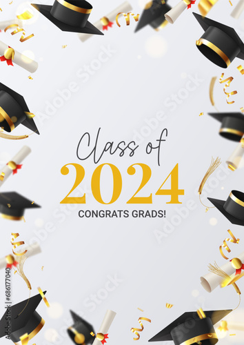 Poster template for Class of 2024. Decorative flyer for graduation 2024. Falling graduation scrolls and caps, confetti, serpentine. Vector illustration for social media, poster, degree ceremony.