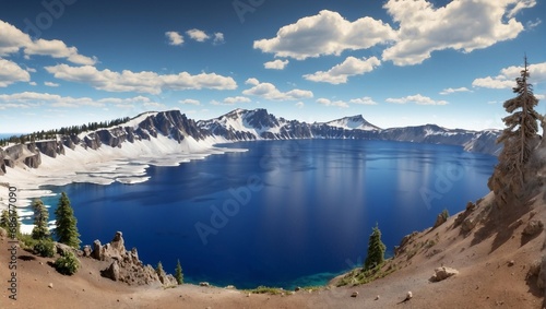 Beautiful Nature  Crater Lake Landscape with Mountain Range and Sky 