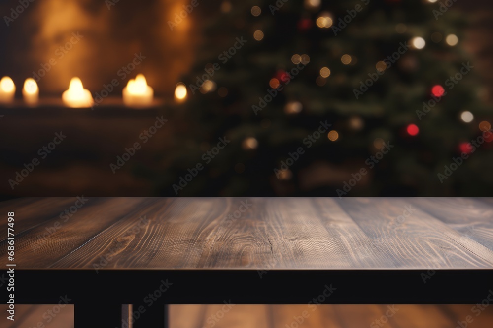 Dark wooden empty table for product display with background of blurred Christmas tree and candles Dark wooden empty table for product display with background of blurred Christmas tree and candles