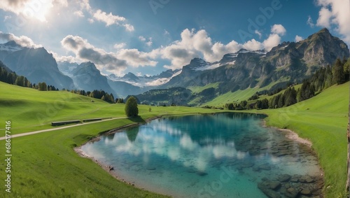 Tranquil Scene in Nature with Reflection on Lake and Green Landscape  © noah