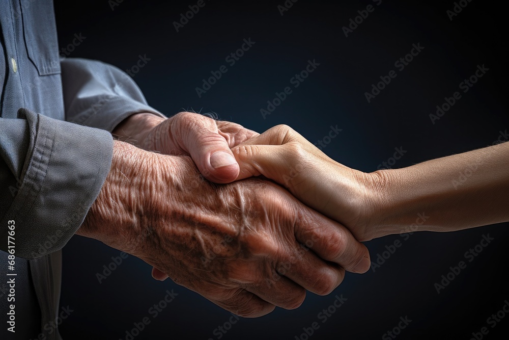 Senior and young person shaking hands on dark background. Generational support and respect. Senior and young person shaking hands on dark background. Generational support and respect.