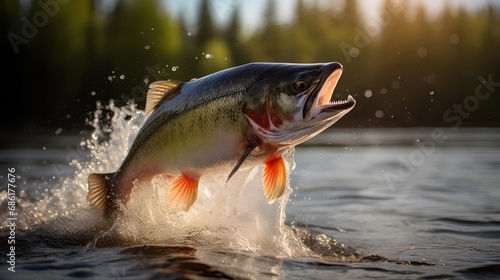 A powerful salmon leaps energetically from the sparkling river, showcasing its strength and agility against a backdrop of cascading water, symbolizing the vitality of nature and the thrill of fishing. photo
