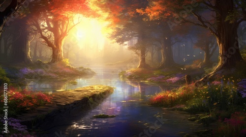 Enchanted forest pathway with mystical lighting and autumn colors. Fantasy and nature. © Postproduction