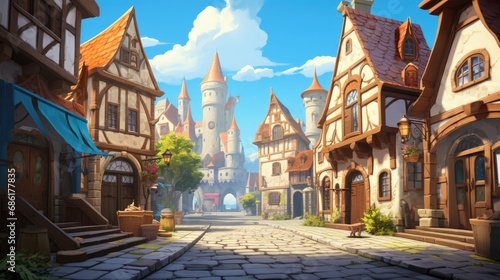 Quaint medieval town with cobblestone streets and charming houses. Fantasy world setting.
