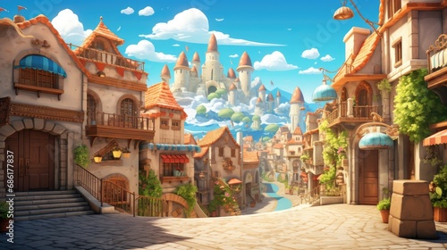 Fantasy village street leading to magical castle. Fairy tale landscape.