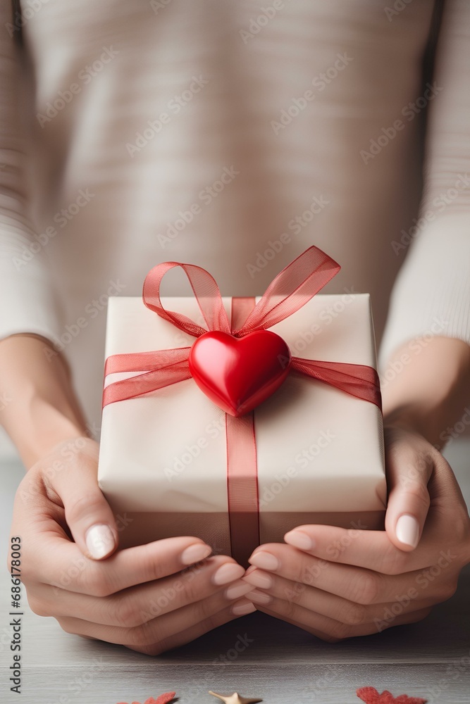 Close-up of a woman's hands receiving a beautifully wrapped gift with a red ribbon, expressing love and gratitude, symbolizing love and passion for Valentine's Day. generative AI Close-up of a woman's hands receiving a beautifully wrapped gift with a red ribbon, expressing love and gratitude, symbolizing love and passion for Valentine's Day. generative AI