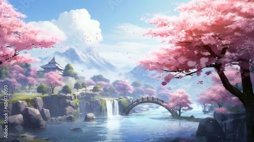 Cherry blossoms framing serene landscape with traditional architecture. Tranquility and nature. photo