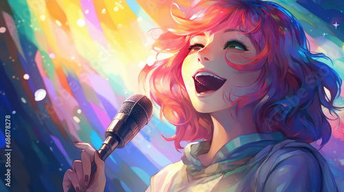 a woman with some colored hair singing into a microphone, anime style © Kien