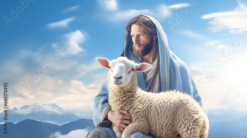Jesus recovered lost sheep carrying it in his arms. Biblical story conceptual theme. religion, faith concept	 photo