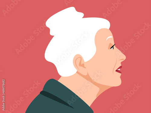 Elderly woman with a bun in profile, senior with a pretty look, flat design