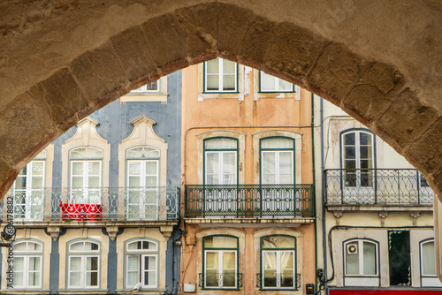 Symmetrical photo of colorful buildings, Coimbra, Portugal