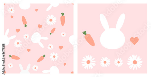 Seamless pattern with bunny rabbit cartoon, carrots and daisy flower on pink background. Rabbit, heart, carrot and daisy icons.