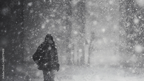 A person walking in the snow in a park on a snowy day in the wintertime.