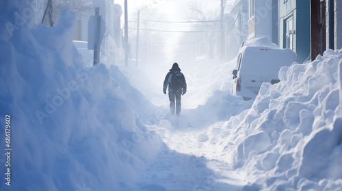 A person walking down a snow covered street in the wintertime with a car parked on the side of the road.