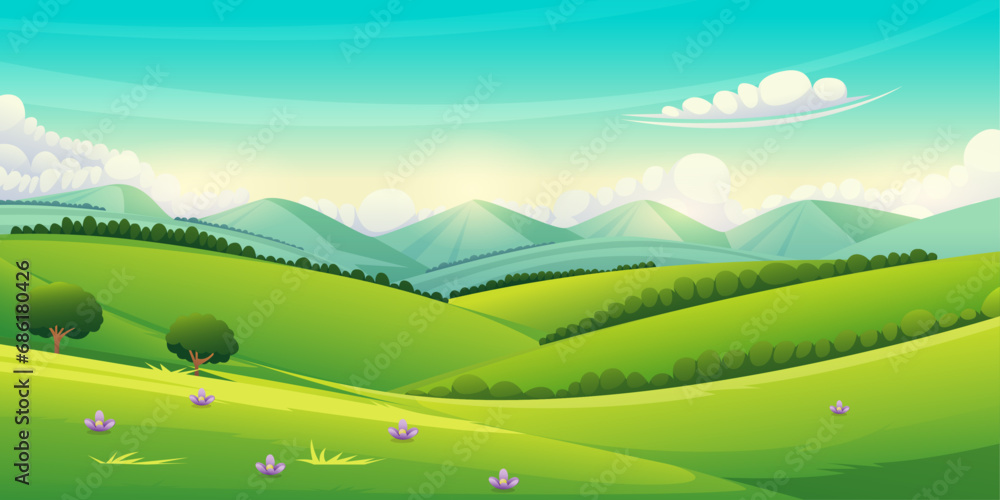 rolling hills, Green Valley with Mountains cartoon illustration landscape. Serene Fields Vibrant Vector Illustration of a Lush Cartoon Meadow with Blue Skies and Rolling Hills