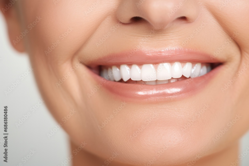 Obraz premium Smile of beautiful middle aged mature woman with perfect white teeth close-up. Dental care concept, professional cleaning, whitening. Dentistry, beautiful smile