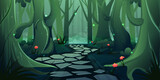 green forest landscape with trees and road, winding path through a lush green forest,  fantasy background cartoon illustration