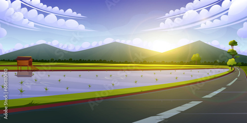 Cartoon illustration of a road going through a rice field at morning. Asian rice field terraces at morning mountains landscape.  © avn99projects