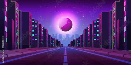 cityscape with futuristic city and road at night, Road to night city, empty highway with glowing street lamps and skyline with urban architecture.