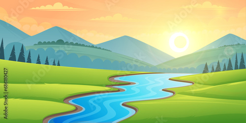 sunrise, morning scene, river  through a lush green valley cartoon illustration © avn99projects