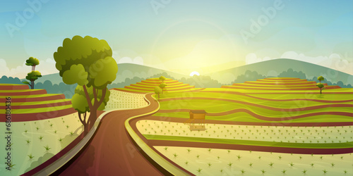 Cartoon illustration of a road going through a rice field at morning. Asian rice field terraces at morning mountains landscape.  © avn99projects