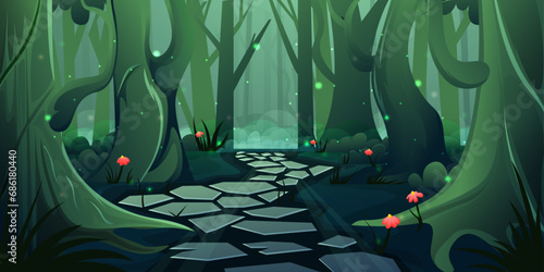green forest landscape with trees and road, winding path through a lush green forest,  fantasy background cartoon illustration © avn99projects
