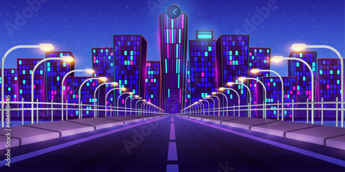 cityscape with futuristic city and road at night, Road to night city, empty highway with glowing street lamps and skyline with urban architecture.