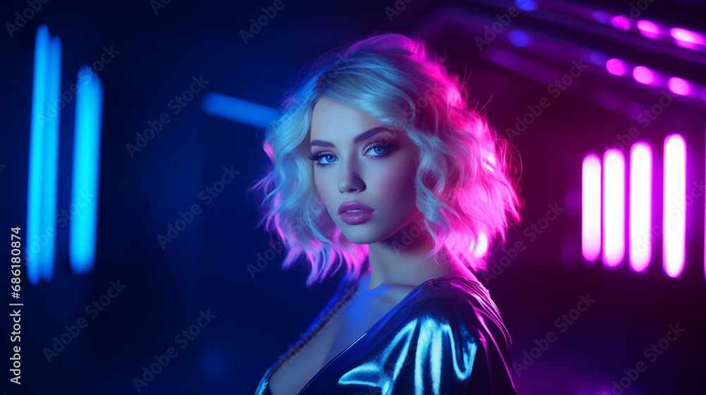 Beautiful blonde woman with curly hair posing in neon light. Portrait of a pretty female model in ultraviolet lighting with copy space Beautiful blonde woman with curly hair posing in neon light. Portrait of a pretty female model in ultraviolet lighting with copy space