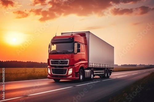 Red truck is driving along the road at sunset. Concept for transporting cargo, products, logistics, transport company, shipping, business. Empty space for logo on the side of truck. Speed effect