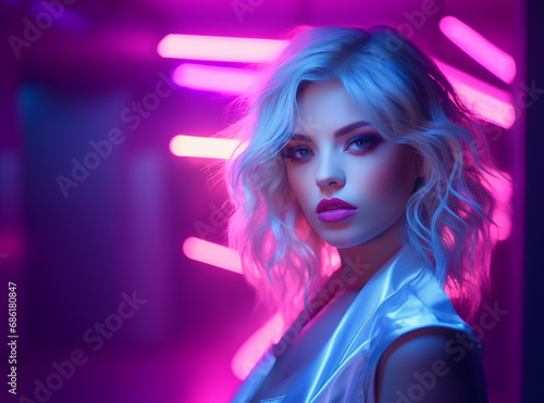 Beautiful blonde girl with curly hair posing in neon light. Portrait of a pretty woman in pink ultraviolet lighting with copy space