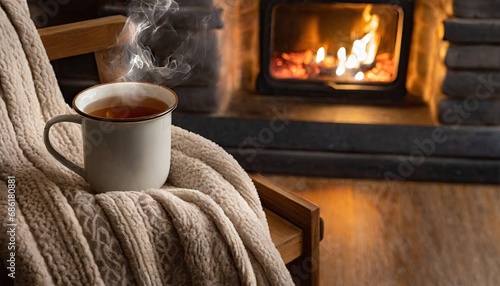 Calm Ambiance: Tea, Blanket, and Fireplace