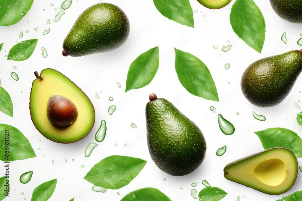 Whole and cut ripe avocado flies with green leaves on white background. Food levitation concept, tropical organic healthy fruit, creative layout for avocado advertising Whole and cut ripe avocado flies with green leaves on white background. Food levitation concept, tropical organic healthy fruit, creative layout for avocado advertising