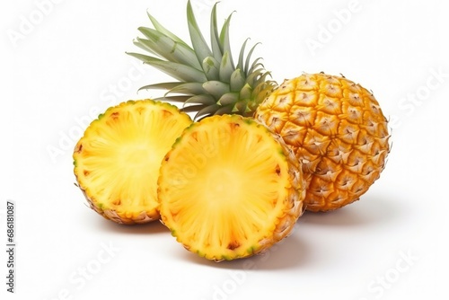 Pineapple whole and cut into slices with green leaves on white background. Tropical exotic sweet fruit, healthy food. Object composition for your design, layout