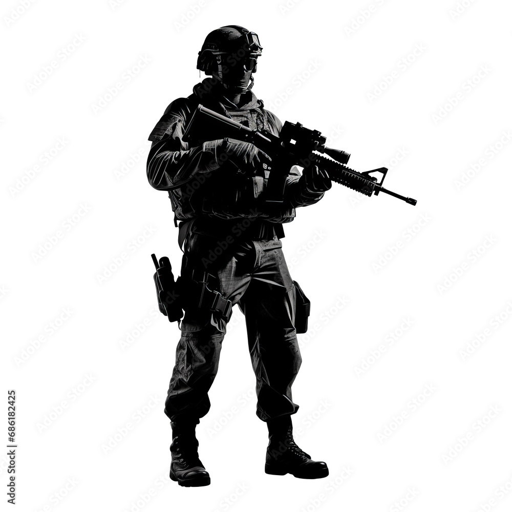 Black silhouette of soldier with gun isolated on transparent background. AI generated. Black silhouette of soldier with gun isolated on transparent background. AI generated.