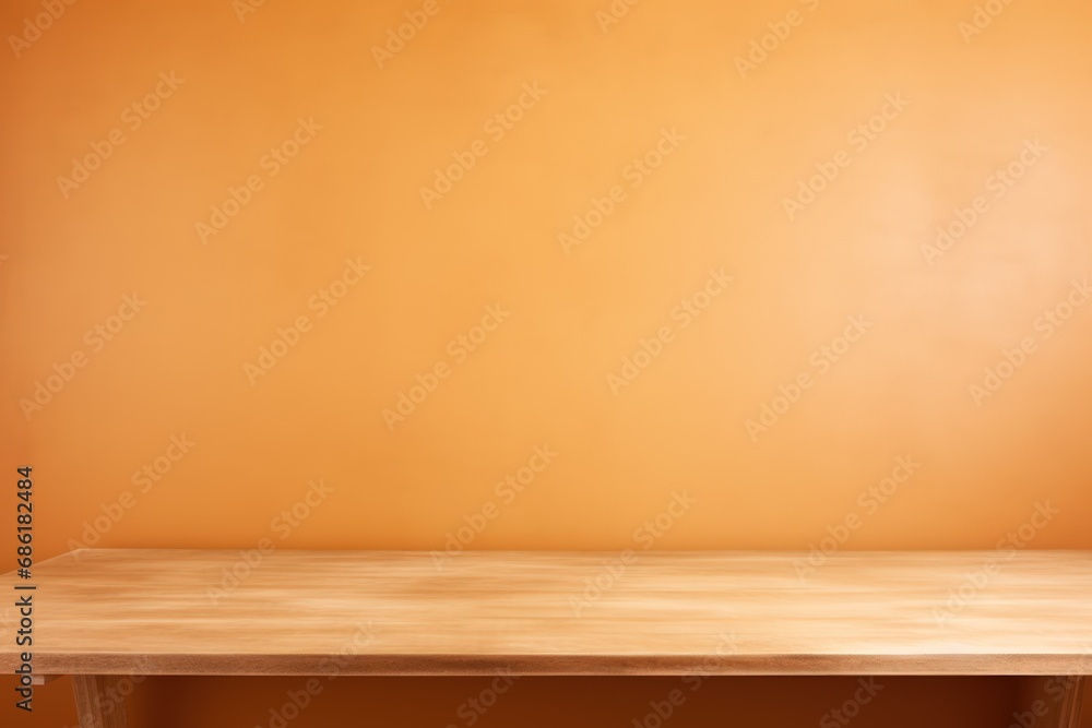 An empty table against a bright brown wall background. Wooden desk. An empty table against a bright brown wall background. Wooden desk.